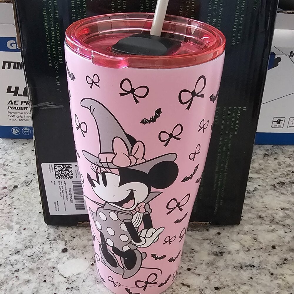 NWOT Disney Minnie Mouse Witch Pink Stainless Steel Pink Drink Tumbler w/ Straw